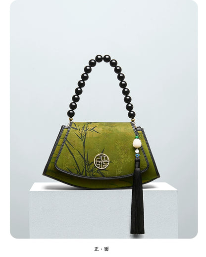 Vintage Bamboo Shadow Tassels Embroidered Leather Handbag