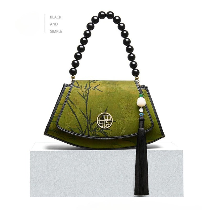 Vintage Bamboo Shadow Tassels Embroidered Leather Handbag