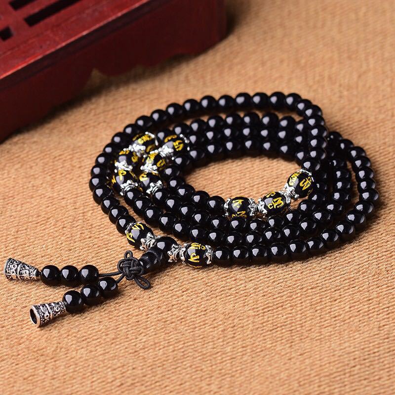 Obsidian Six Words Mantra 108 Beads Bracelet