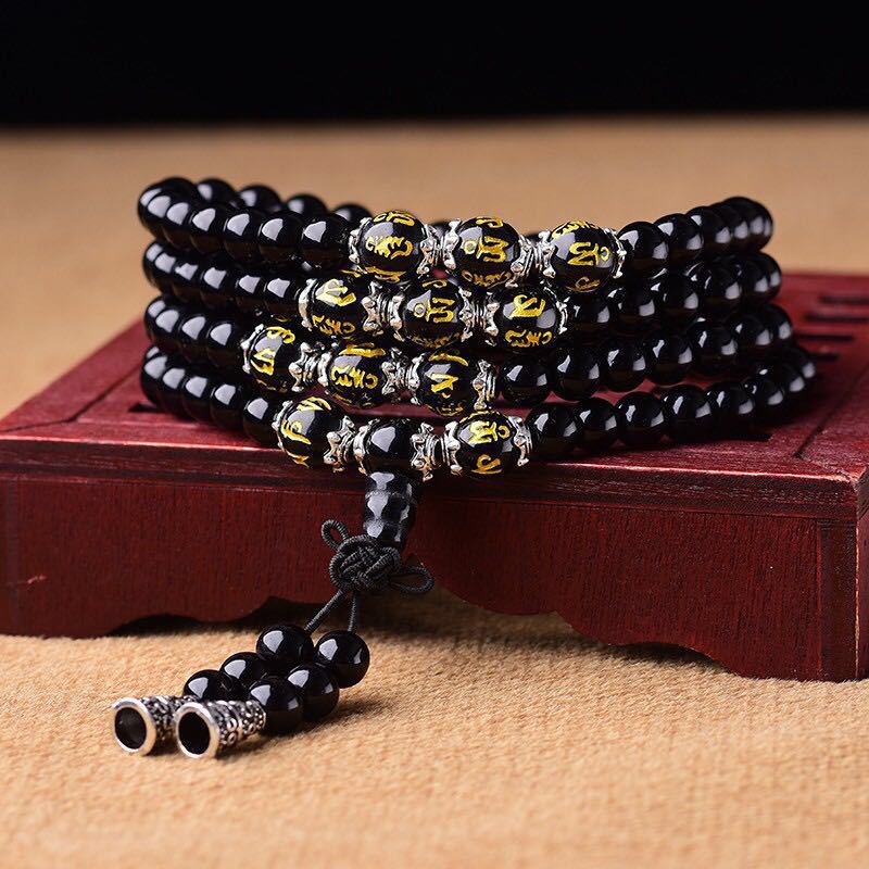 Obsidian Six Words Mantra 108 Beads Bracelet
