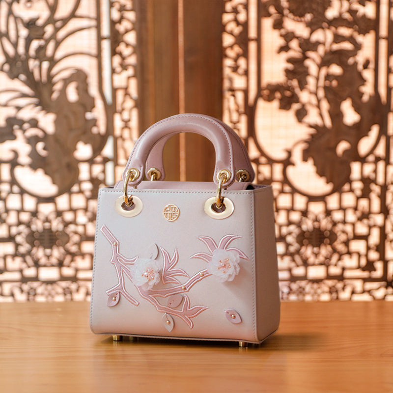 Peach Blossom Embroidered Pink Leather Handbag