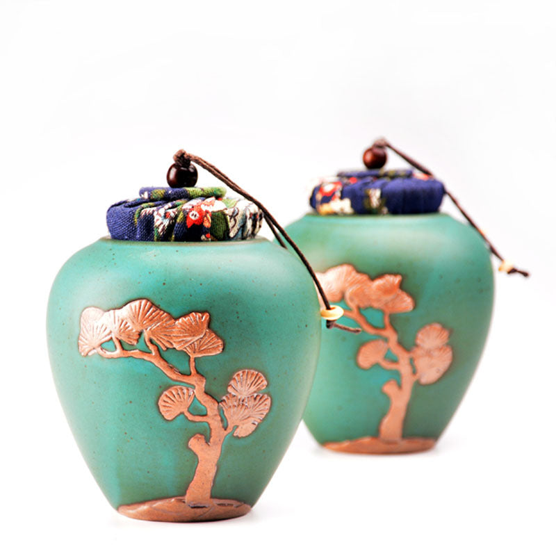 Handmade Retro Stoneware Tea Tins Relief Pine Cypress Ceramic Sealed Can Small Size Tea Warehouse Tea Container