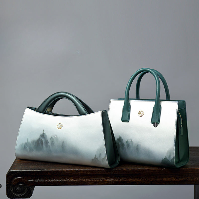 Yunshan Printed Dark Green Leather Handbag