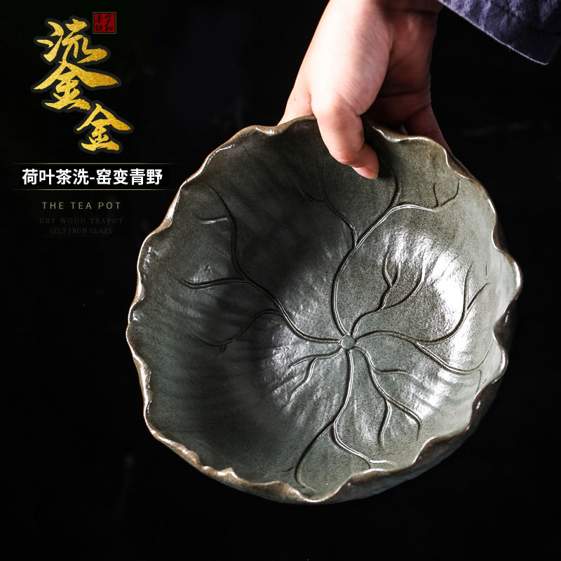 Japanese Style Gilding Iron Glaze Lotus Leaf Tea Wash Large Ceramic Cup Wash Tea Residue Barrel Tea Basin Tea Ceremony Utensils