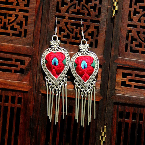 Retro Handmade Ethnic Style Silver Embroidery Earrings
