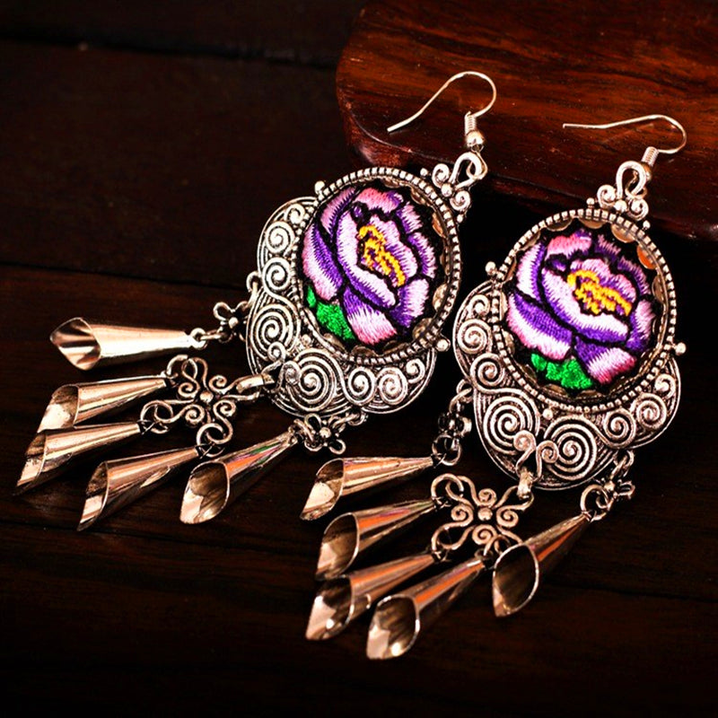 Yunnan Miao Silver Embroidery Tassel Tibetan Silver Flower Earrings