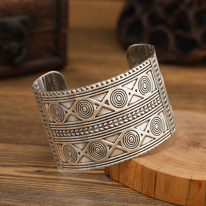 Retro Miao Silver Carved Pattern Wide Bracelet