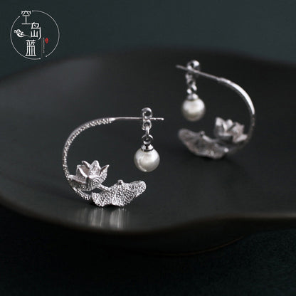 Ancient Ethnic Style Half Moon Lotus Pearl Earrings