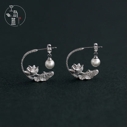 Ancient Ethnic Style Half Moon Lotus Pearl Earrings