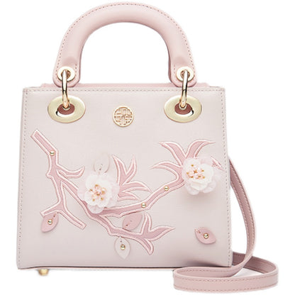 Peach Blossom Embroidered Pink Leather Handbag