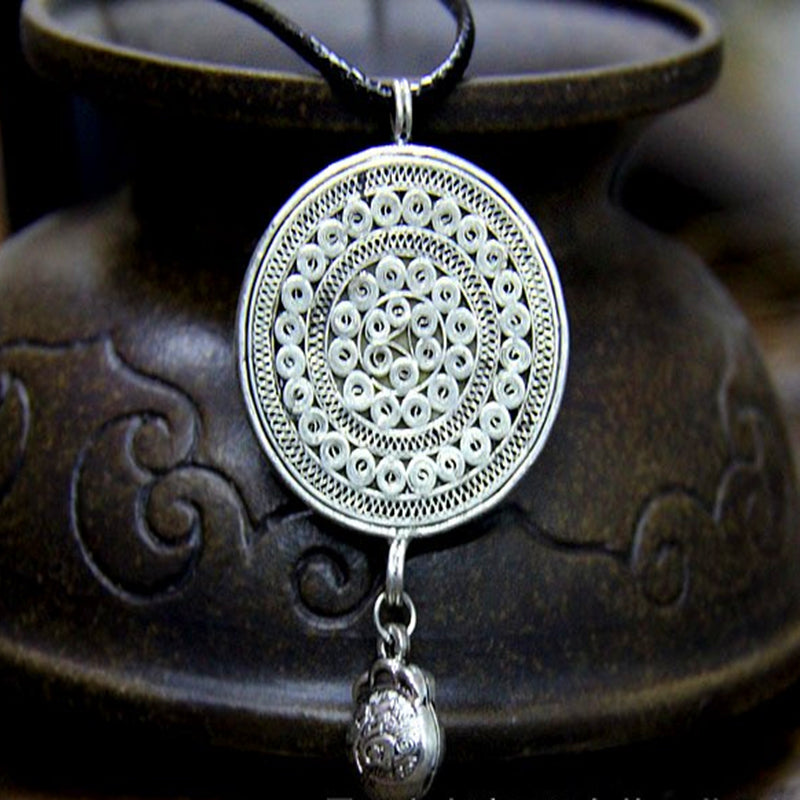 Ethnic Style Classic Embroidery Miao Silver Brushed Double-Sided Pendant Original Handmade Retro round Lucky Bag Bell Embroidery Accessories