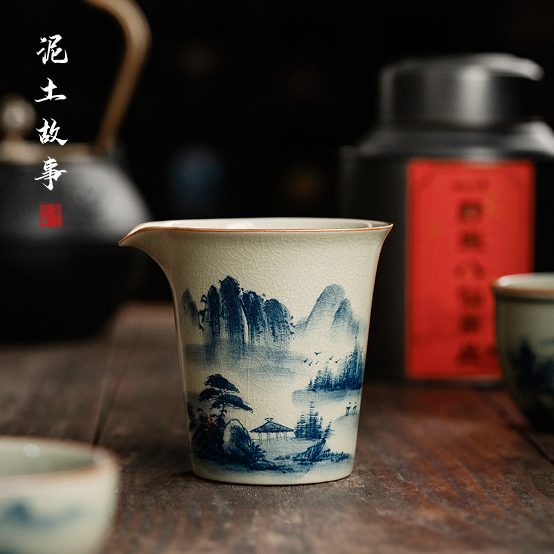 Dehua Old Clay Pitcher Fair Cup Hand Painted Blue and White Landscape Ceramic Tea Serving Pot Household Tea Pitcher Tea Utensils