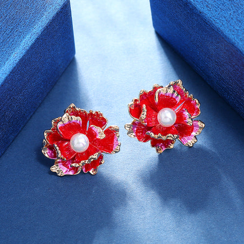 Elegant Retro Peony Flower Pearl Stud Earrings
