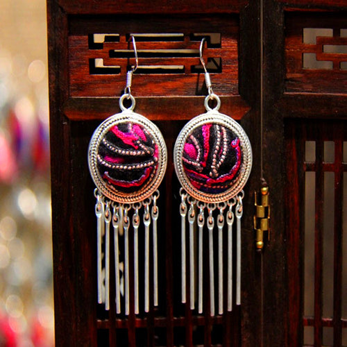 Vintage Miao Colorful Petal Embroidered Tassel Earrings