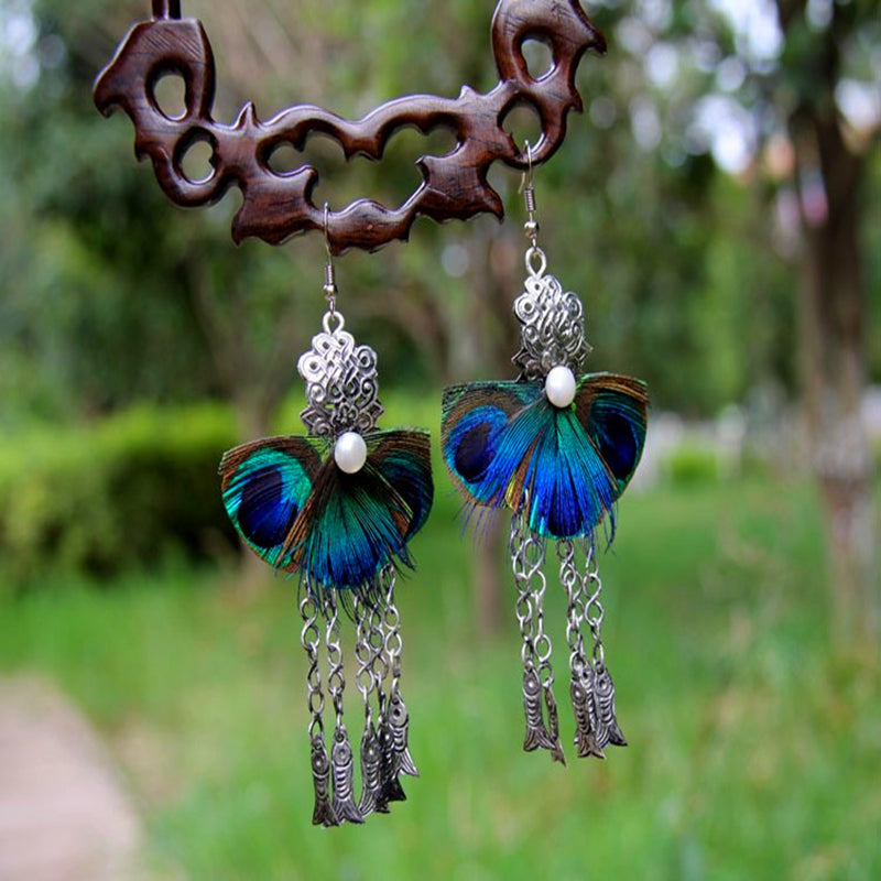 Yunnan Peacock Feather Miao Silver Pearl Tassel Earrings