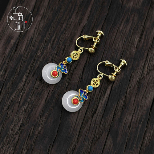 Chinese Court Retro Style Enamel Color Xiangyun White Jade Earrings