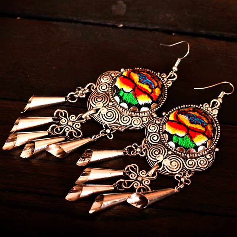 Yunnan Miao Silver Embroidery Tassel Tibetan Silver Flower Earrings