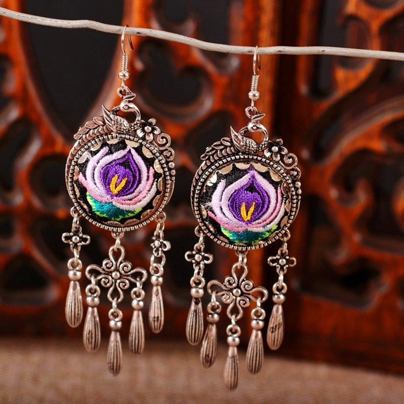Miao Silver Embroidered Earrings Floral Round Tassel Earrings