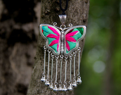 Miao Embroidered Butterfly Silver Pendant Sweater Chain