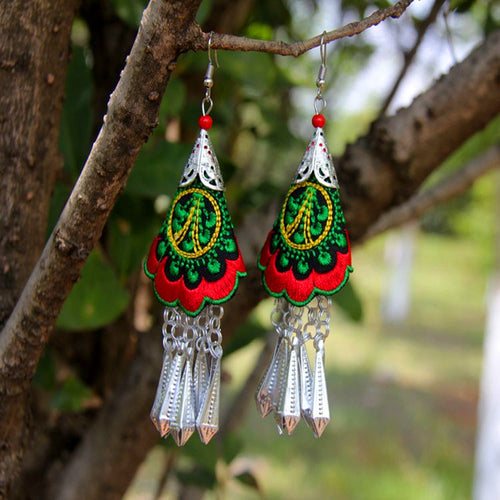 Miao Silver Handmade Embroidery  Long Fringe Earrings