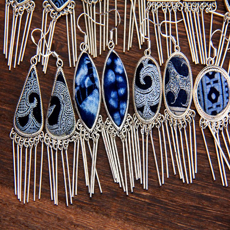 Yunnan Old Miao Silver Handmade Retro Tassels Tie Dye Earrings