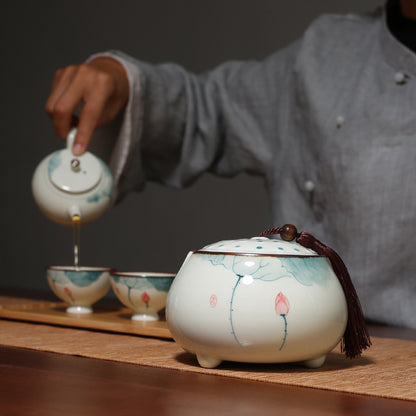 Hand Painted Lotus Chinese Ink Style Tea Pot Ceramic Small and Medium Tassel Seal Tea Warehouse Tea Container Black Tea Green Tea