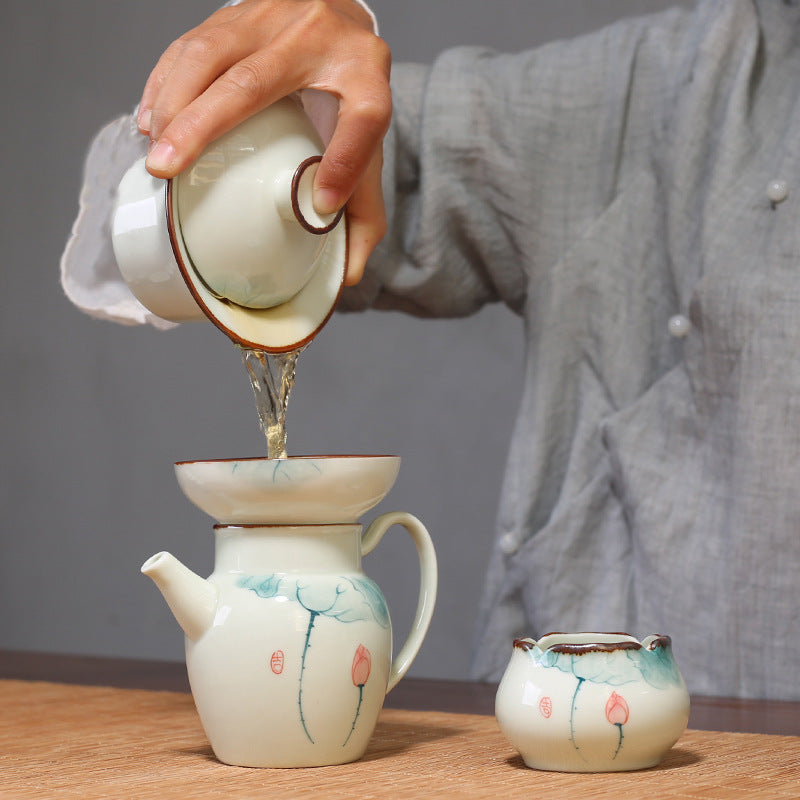 Dehua Hand Painted Lotus Handle Pitcher Ceramic Tea Set