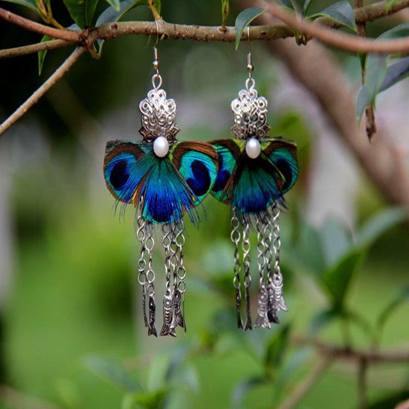 Yunnan Peacock Feather Miao Silver Pearl Tassel Earrings
