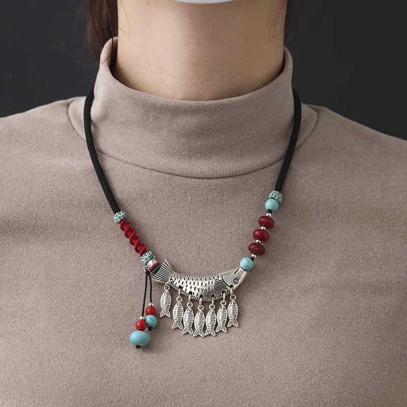 Retro Tibetan Silver Woven Tassel Pendant Necklace