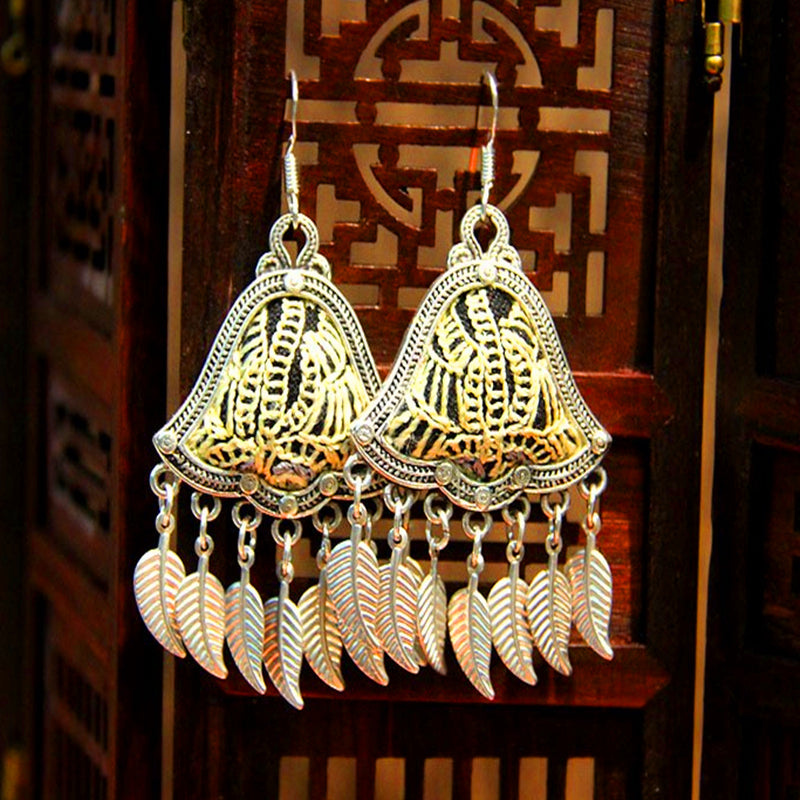 Yunnan National Style Silver Leaf Embroidery Tassel Earrings