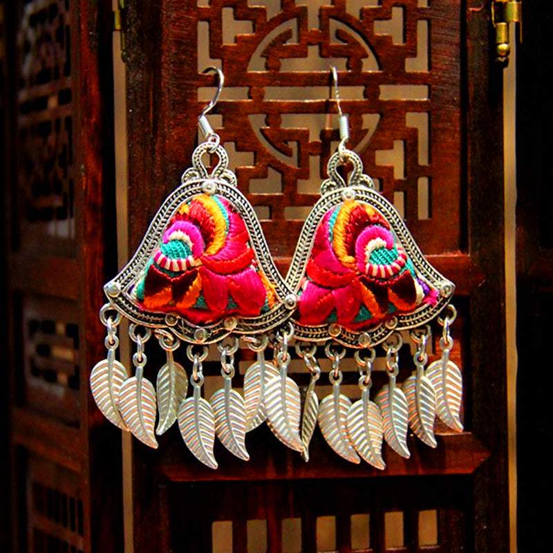Yunnan National Style Silver Leaf Embroidery Tassel Earrings