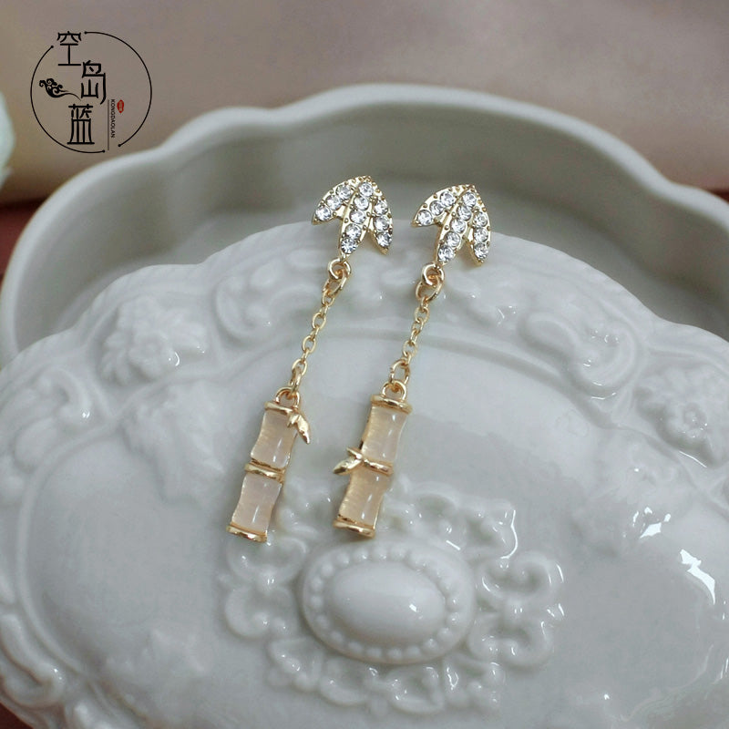 Elegant Gold Bamboo Earrings 925 Silver Needle Earrings with Rhinestone