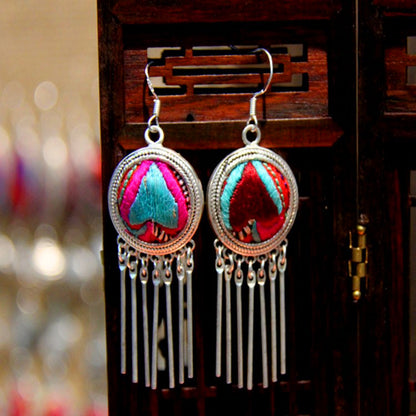 Vintage Miao Colorful Petal Embroidered Tassel Earrings