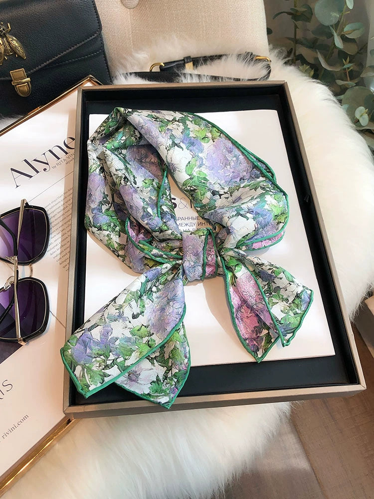 Begonia Green Double-Sided Fragrant Cloud Yarn Floral  Silk Scarf