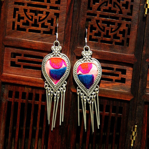 Retro Handmade Ethnic Style Silver Embroidery Earrings