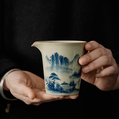 Dehua Old Clay Pitcher Fair Cup Hand Painted Blue and White Landscape Ceramic Tea Serving Pot Household Tea Pitcher Tea Utensils