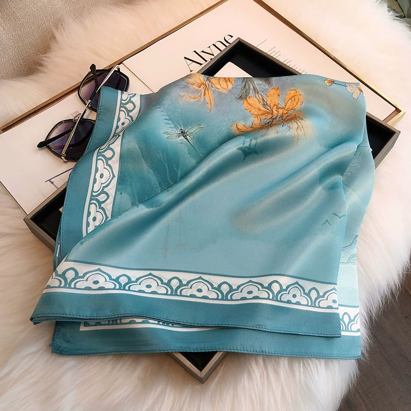 Chinese Style Light Blue Mulberry Silk Scarf