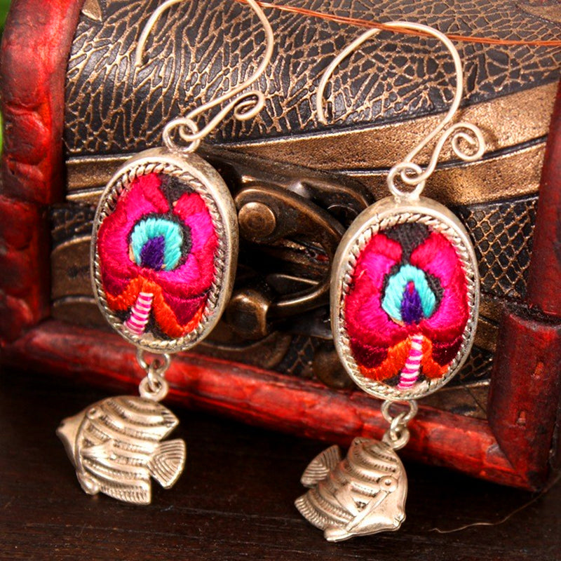 Yunnan Ethnic Style Old Embroidery Miao Silver Earrings