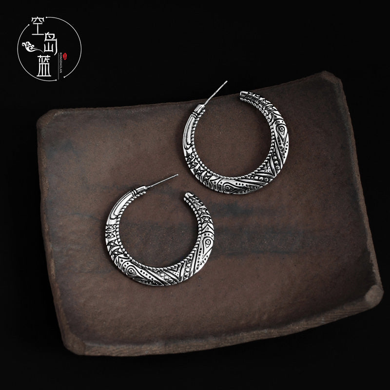 925 Silver Retro Ethnic Style Carved Silver Earrings