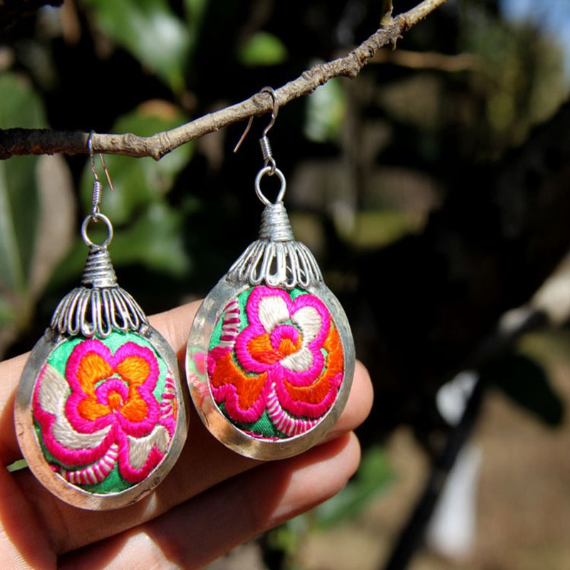 Handmade Miao Embroidery Lantern Silver Earrings