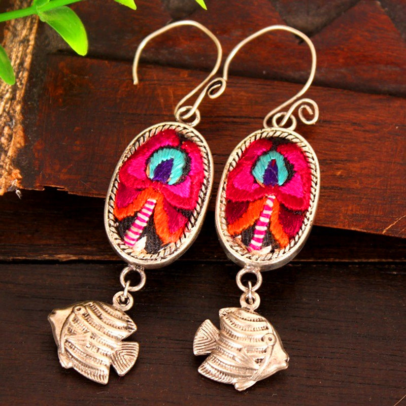 Yunnan Ethnic Style Old Embroidery Miao Silver Earrings
