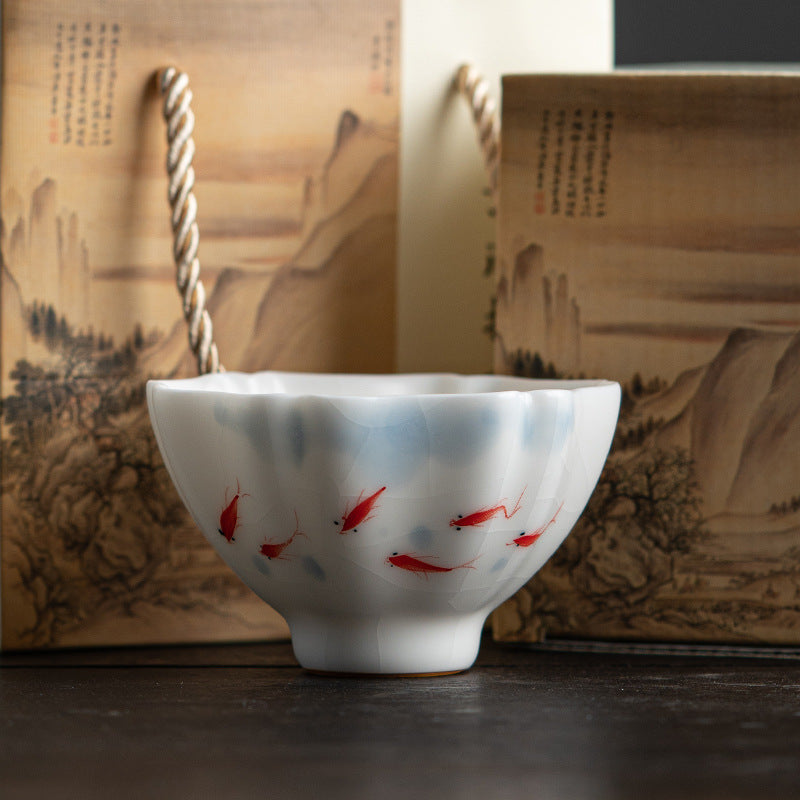 Hand-painted Happy Fish Jade White Ru Ware Master Cup