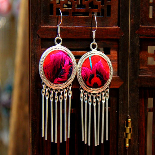Vintage Miao Colorful Petal Embroidered Tassel Earrings