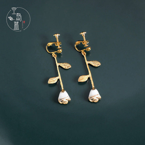 French Retro Enamel Gold Rose Earrings