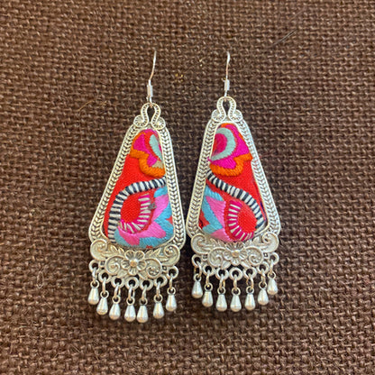 Ethnic Style Miao Silver Embroidery Tassel Water Drop Earrings