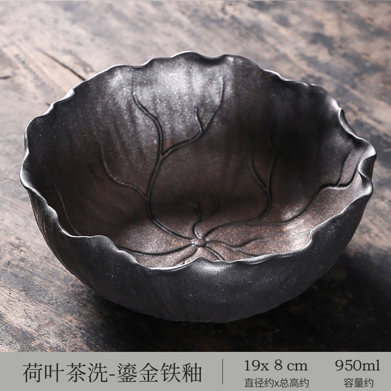 Japanese Style Gilding Iron Glaze Lotus Leaf Tea Wash Large Ceramic Cup Wash Tea Residue Barrel Tea Basin Tea Ceremony Utensils