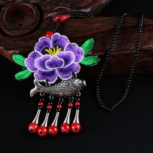 National Style Peony Embroidered Silver Koi Sweater Chain