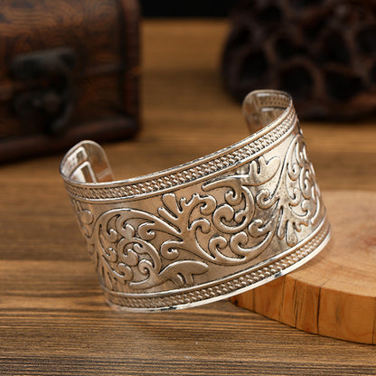 Retro Miao Silver Carved Pattern Wide Bracelet