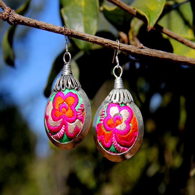 Handmade Miao Embroidery Lantern Silver Earrings