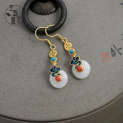Chinese Court Retro Style Enamel Color Xiangyun White Jade Earrings